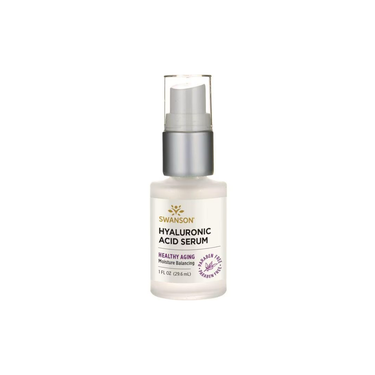 The Swanson Hyaluronic Acid Serum, 29.6 ml, is designed for healthy aging and moisture balance. It contains sodium hyaluronate and features a pump dispenser to effectively enhance skin elasticity.